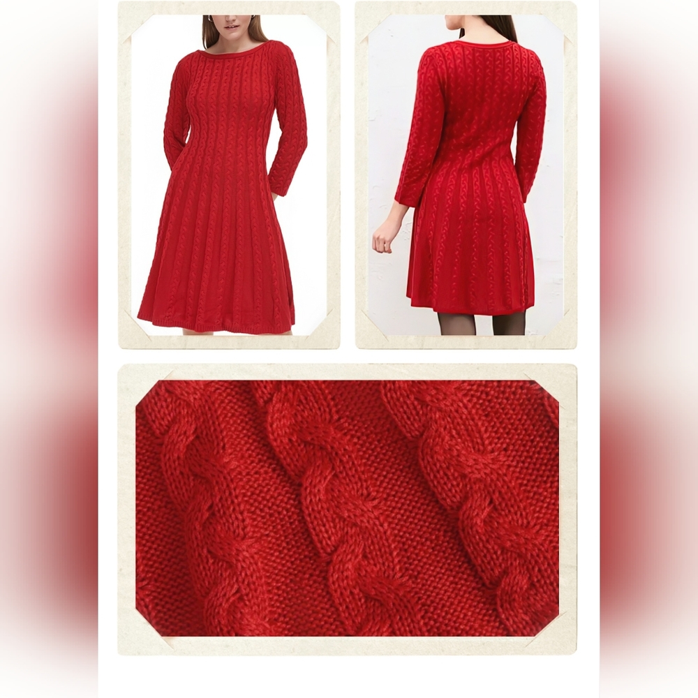 Nine West, Red, Cable-Knit, Fit & Flare, Sweater Dress, Size Large, NWOT